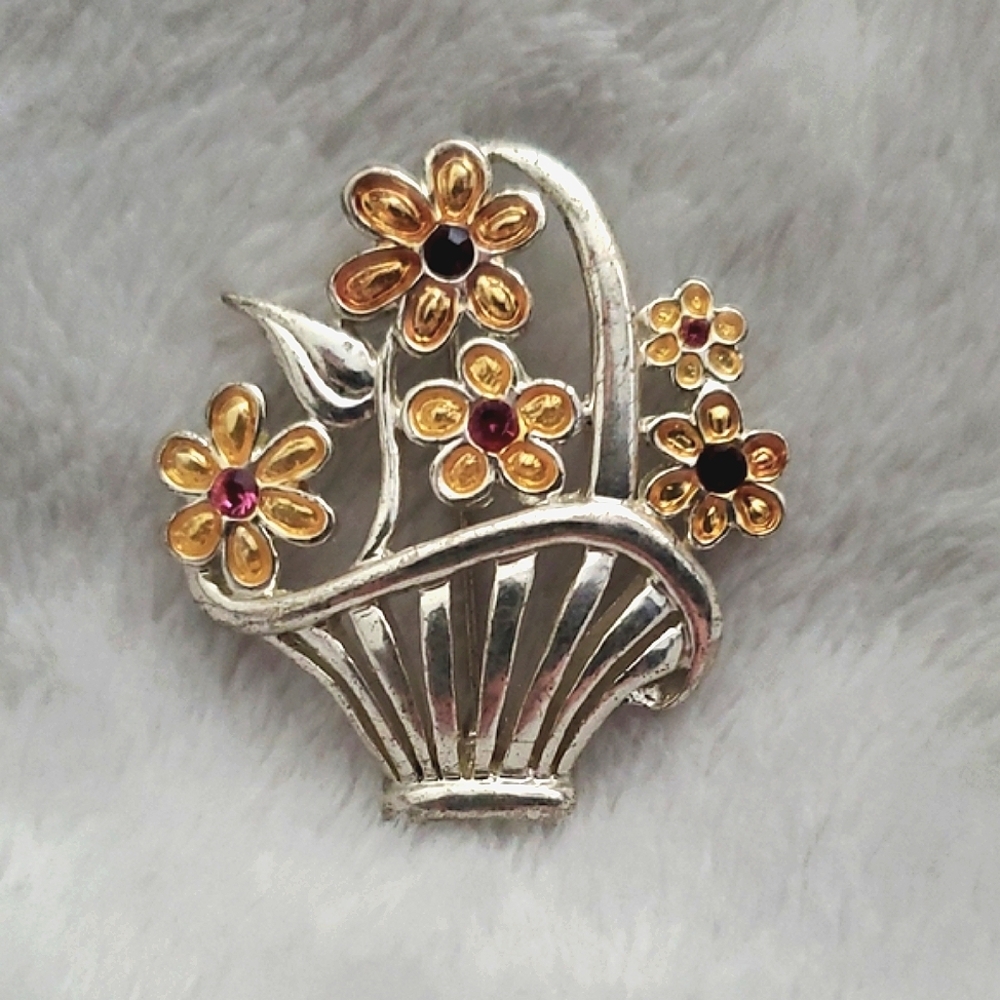 AAI Silvertone Floral Basket Brooch